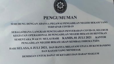 Covid-19 Terus Bermutasi, Kantor PN Bekasi Ditutup Sampai 6 Juli