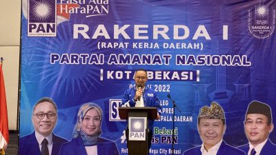 Sekretaris Jendral DPP PAN, Eddy Suparno saat memberikan sambutan di Rakerda DPD PAN Kota Bekasi di Hotel Santika, Jalan Ahmad Yani, Bekasi Selatan, Sabtu (2/7/2022).