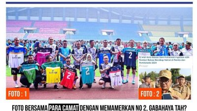 Penjabat (Pj) Wali Kota Bekasi Raden Gani Muhammad bersama dengan jajarannya saat berpose memamerkan jersey sepakbola bernomor punggung 2. Beredarnya foto itu membuat Pemkot Bekasi diisukan tidak netral di Pemilu 2024.