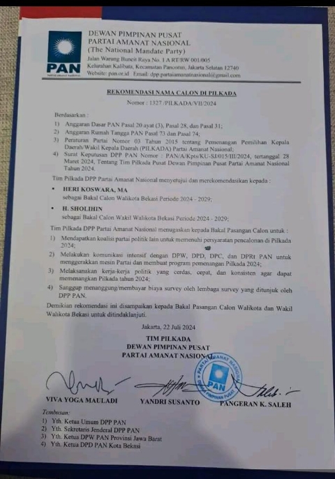 Surat Rekom DPP PAN untuk Pilkada Kota Bekasi