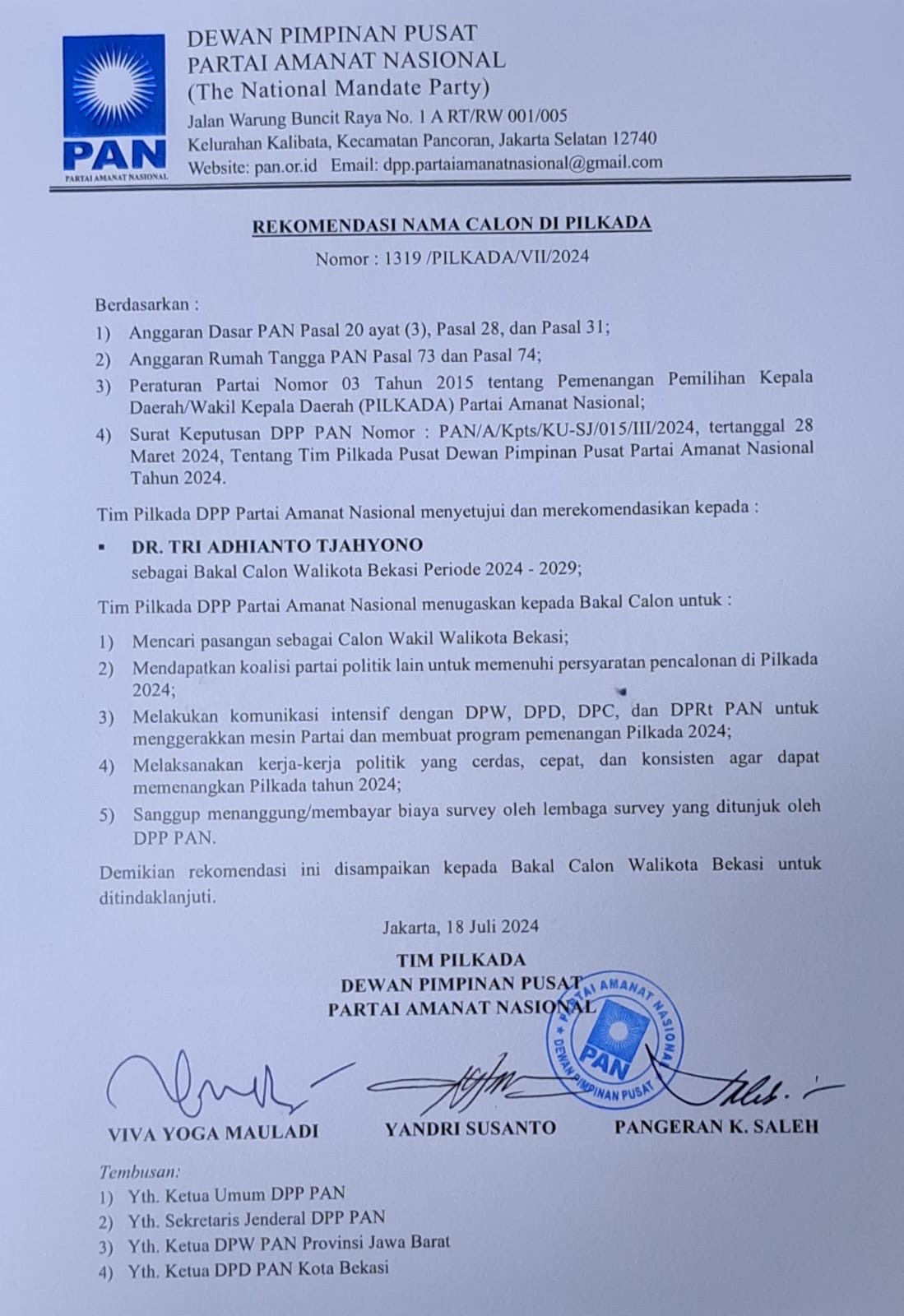 Rekomendasi DPP PAN untuk Tri Adhianto di Pilkada Kota Bekasi 2024.