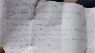 Surat kaleng pelaku begal minta tebusan uang tunai Rp 70 juta. Foto: Ist