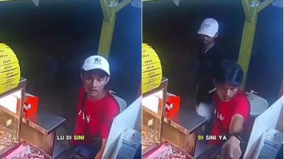 Aksi seorang pria di Jalan Raya Kranggan Gang Nangka Jatiraden, Jati Sampurna, Bekasi yang memalak pedagang ayam goreng.