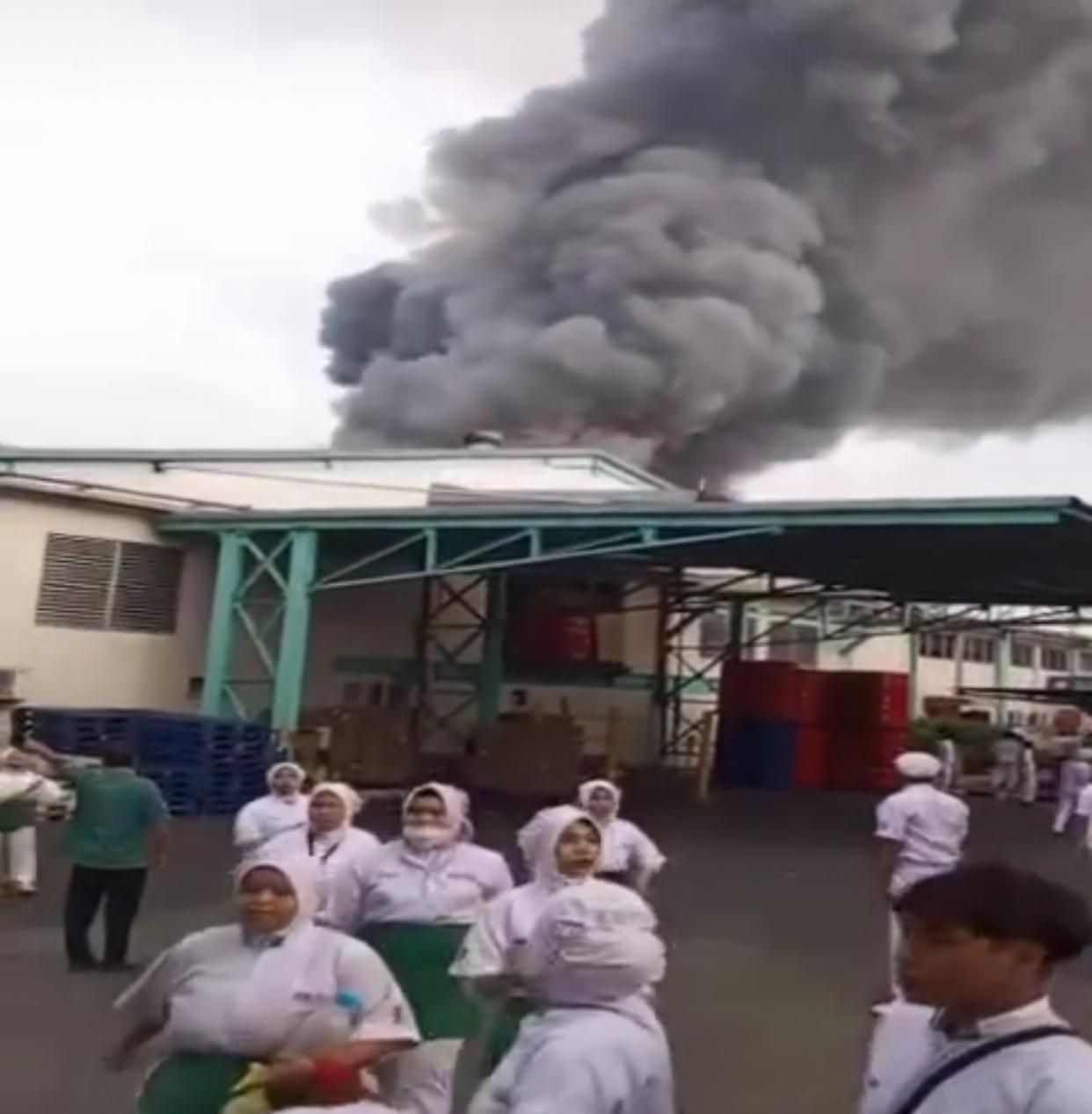 Karyawan PT Priscolin berhamburan saat insiden kebakaran, Jumat (1/11/2024) pagi. Foto: Ist