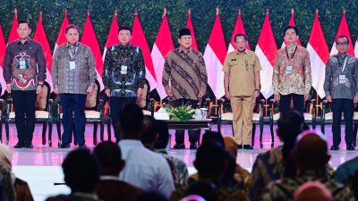 Rakornas Kemendagri bersama Presiden Prabowo Subianto dan Wakil Presiden Gibran Rakabuming Raka serta kabinet Koalisi Indonesia Maju yang dihadiri seluruh kepala daerah di Indonesia. Foto: Ist