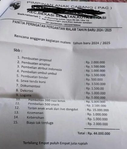Sebuah foto yang menyusun anggaran salah satu Ormas di Bekasi viral di media sosial.