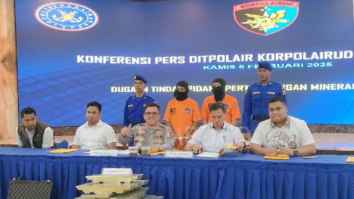 Konferensi pers pengungkapan kasus pengolahan timah ilegal di Ditpolair Korpolairud Baharkam Polri, Tanjung Priok, Jakarta (6/2/2025). Tempo/Annisa Febiola