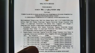 Dokumen pengumuman pembatalan seleksi penerimaan PPPK. FOTO: EKO ISKANDAR/RADAR BEKASI