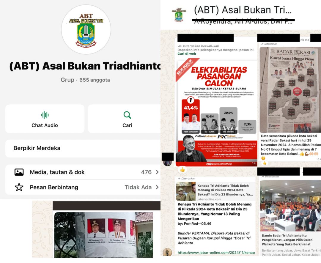 Tangkapan layar gruop WhatsApp yang diduga banyak ASN Pemkot Bekasi berafiliasi dalam Pilkada 2025.