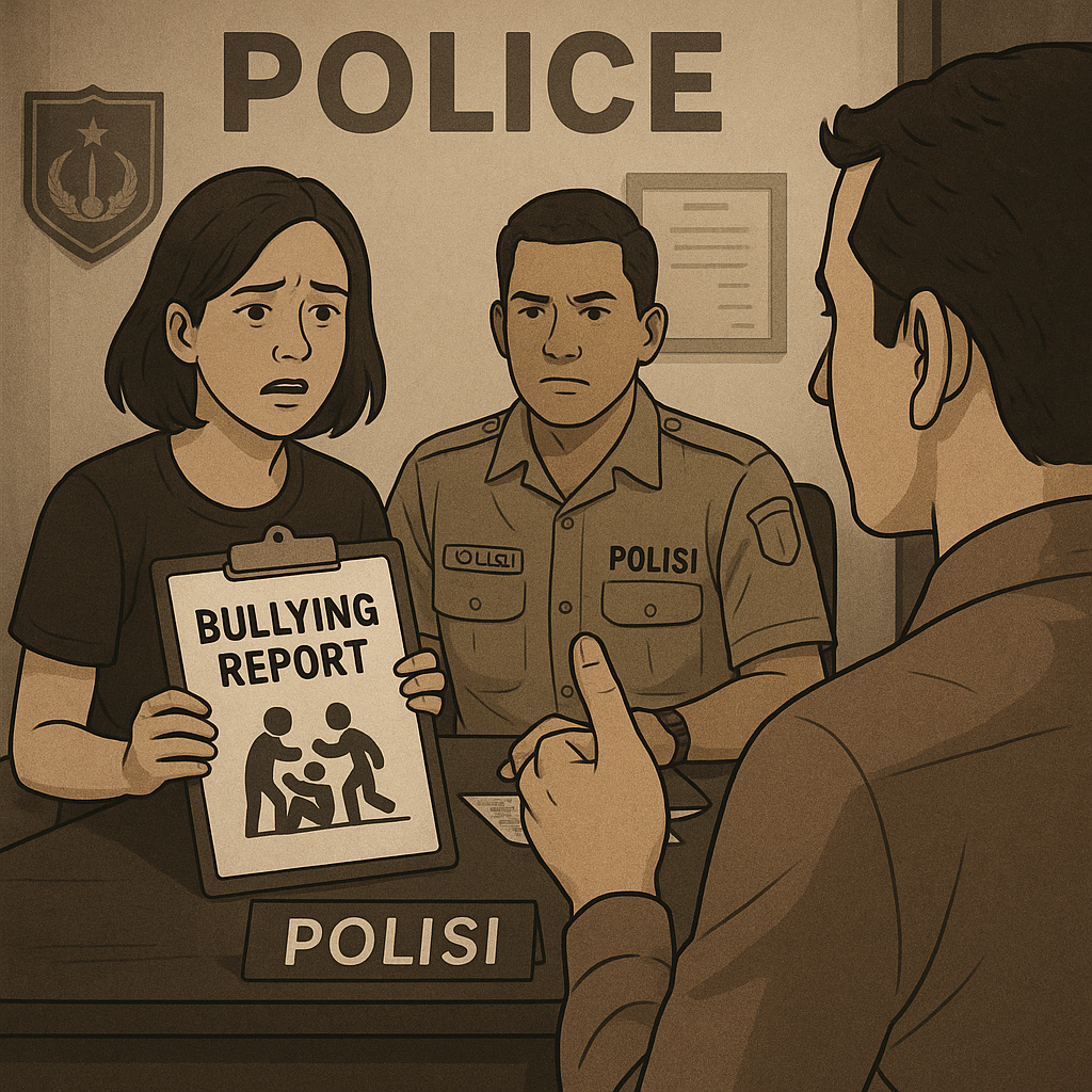 Kabupaten Bekasi - Ilustrasi pelaporan kasus bullying dilaporkan ke polisi. Foto: AI/Gobekasi.id