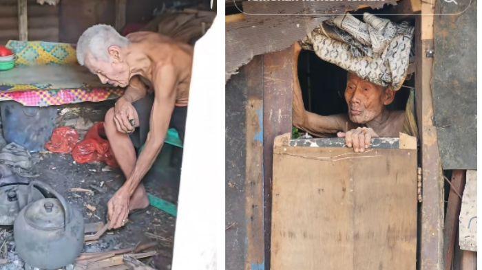 Kabupaten Bekasi - Seorang kakek lanjut usia bernama Jaung, yang diperkirakan telah berusia lebih dari 100 tahun, viral di media sosial karena hidup sebatang kara di sebuah gubuk kumuh dan tidak layak huni.