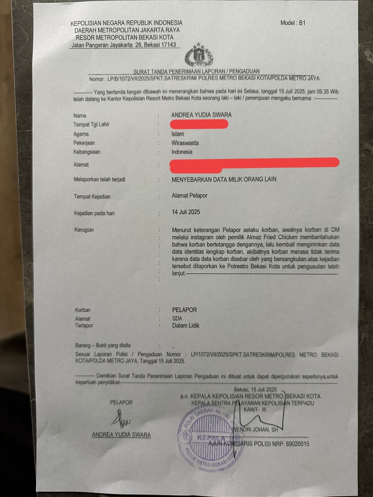 Kota Bekasi - Konten kreator Andrea Yudias melaporkan dugaan doxing yang dialaminya ke Polres Metro Bekasi Kota.