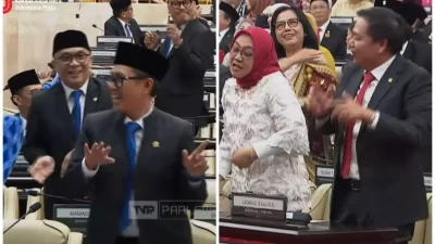 Tangkapan layar TV Parlemen yang menampakan sejumlah Anggota DPR berjoget riang di sidang tahunan.
