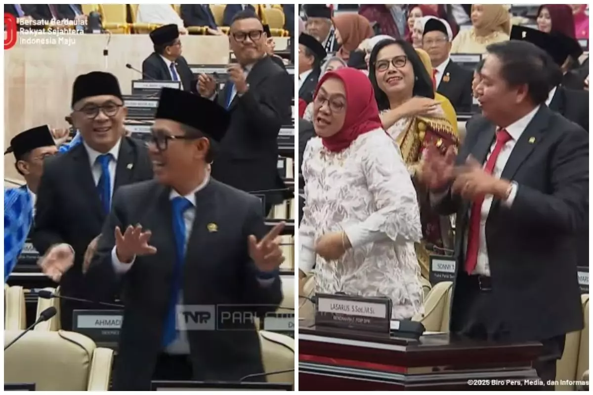 Tangkapan layar TV Parlemen yang menampakan sejumlah Anggota DPR berjoget riang di sidang tahunan.