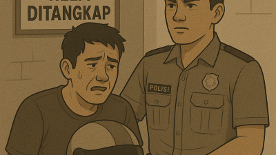 Kabupaten Bekasi - Ilustrasi pelaku CuranHelm ditangkap Polisi. Foto: AI for Gobekasi.id