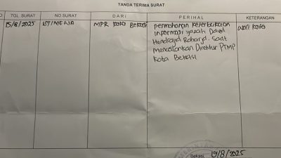 Kota Bekasi - Tanda terima surat yang dilayangkan organisasi MPR kepada Sekda Kota Bekasi terkait Ijasah Dirut PTMP. Foto: Ist/Gobekasi.id
