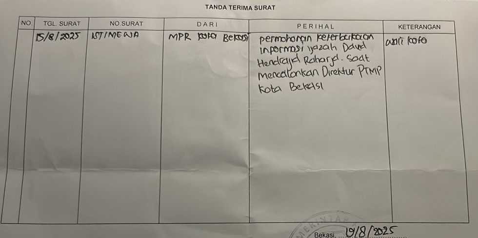 Kota Bekasi - Tanda terima surat yang dilayangkan organisasi MPR kepada Sekda Kota Bekasi terkait Ijasah Dirut PTMP. Foto: Ist/Gobekasi.id