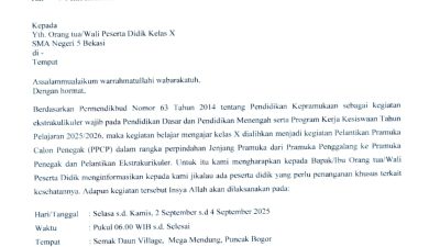 Kota Bekasi - Surat imbauan SMAN 5 Kota Bekasi tentang pelaksanaan Pramuka ke Puncak Bogor. Foto: Ist/Gobekasi.id.