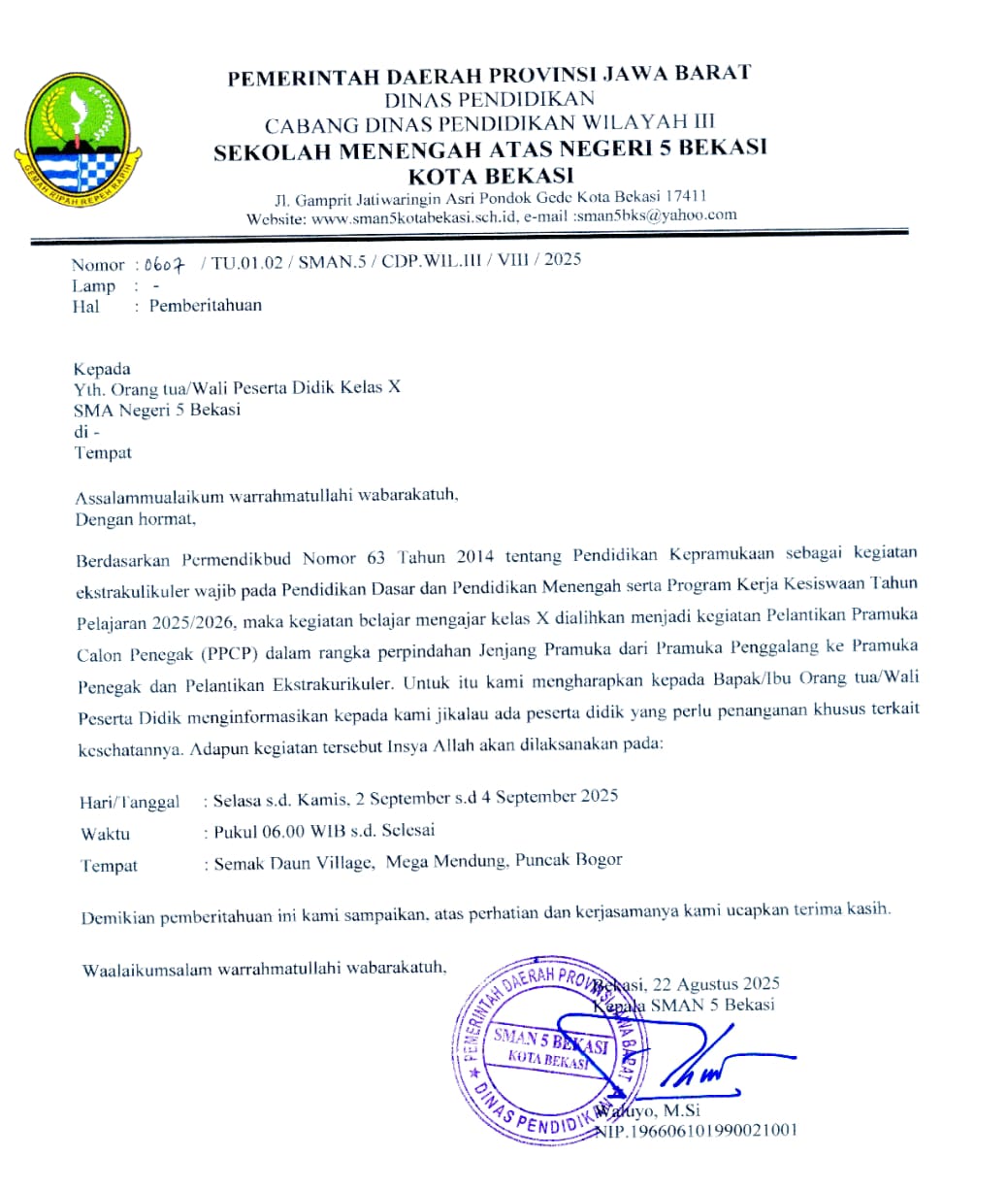 Kota Bekasi - Surat imbauan SMAN 5 Kota Bekasi tentang pelaksanaan Pramuka ke Puncak Bogor. Foto: Ist/Gobekasi.id.