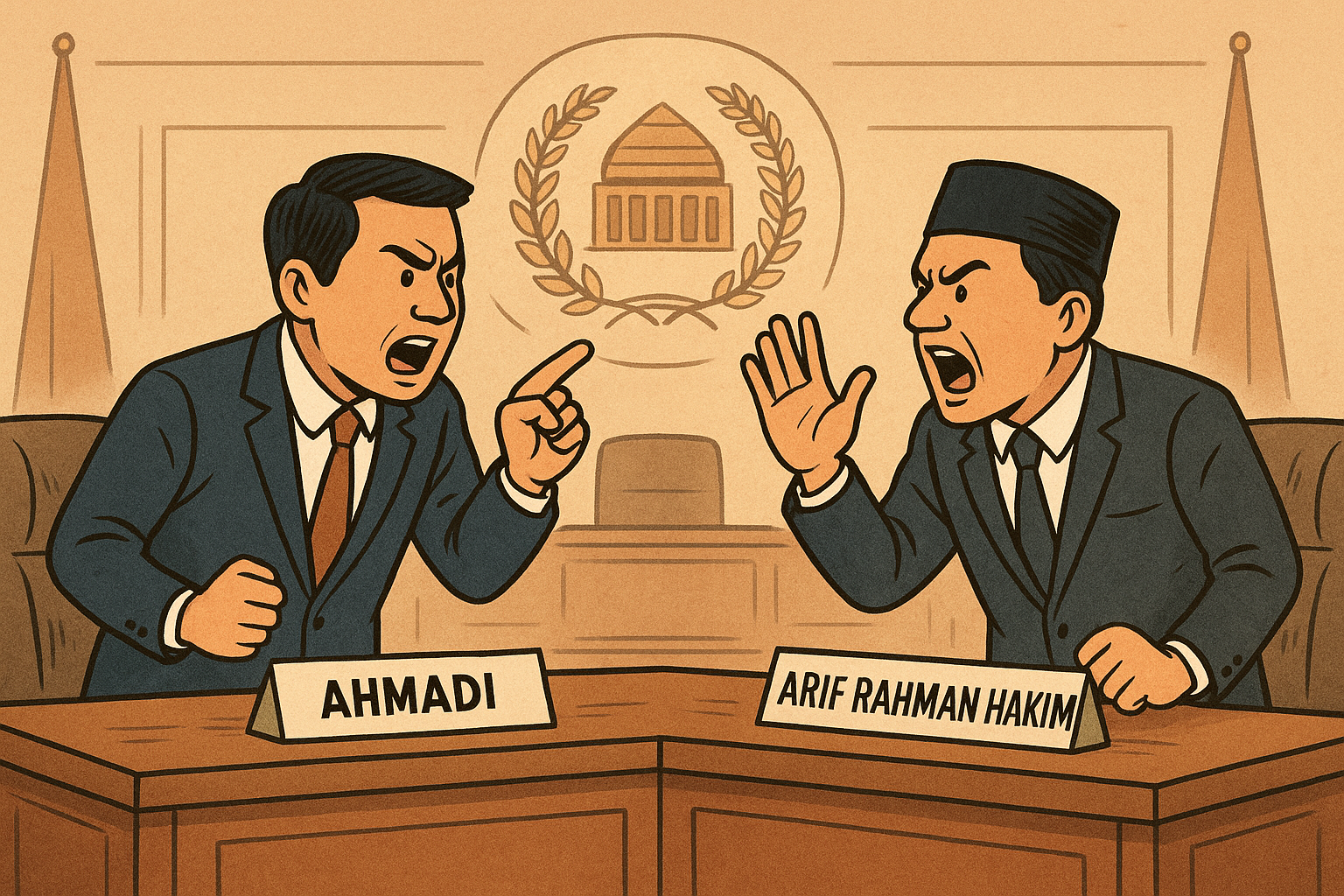 Kota Bekasi - Ilustrasi Perseteruan Anggota DPRD Kota Bekasi Ahmadi dan Arif Rahman Hakim. Foto: AI for Gobekasi.id.