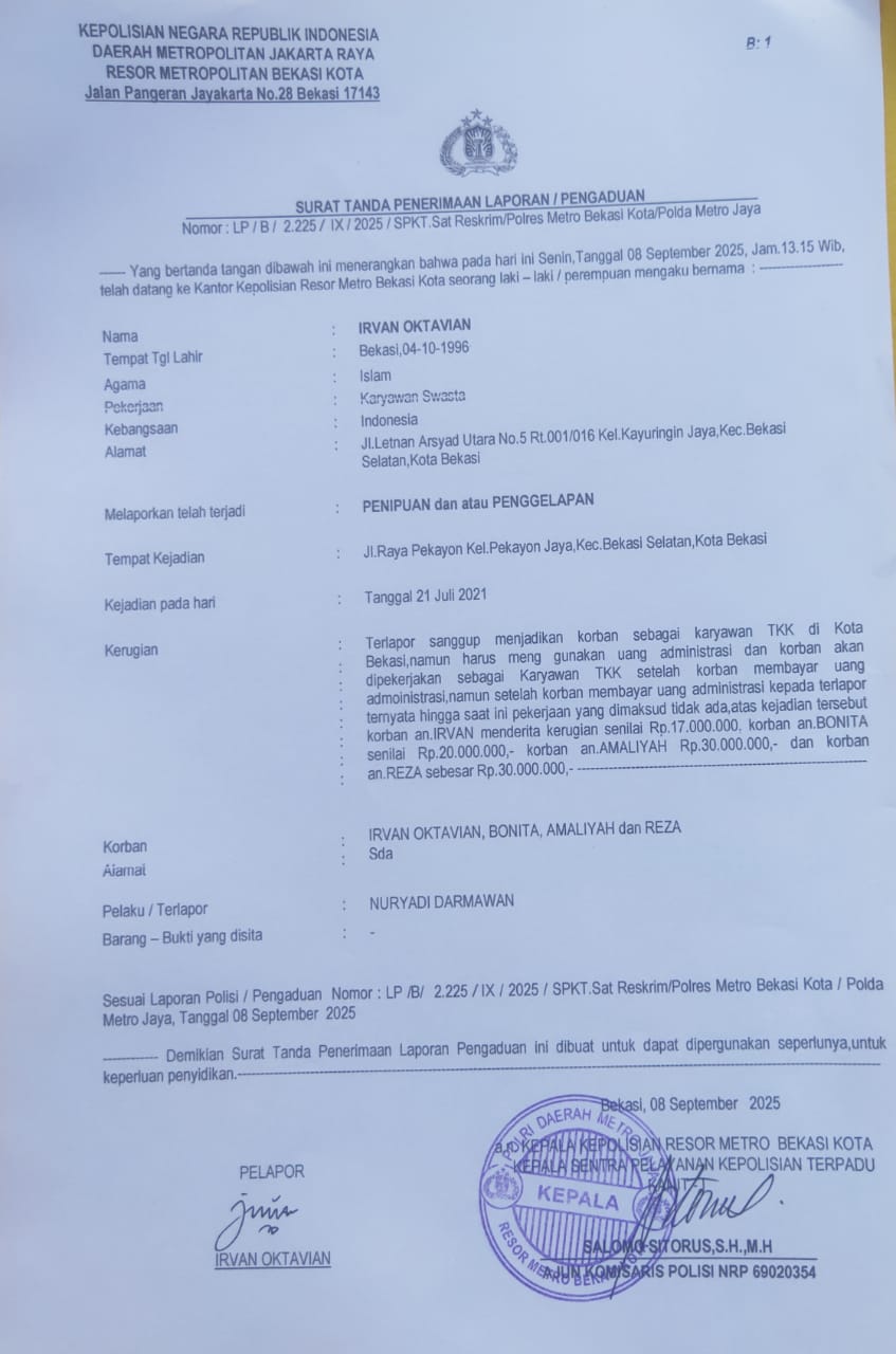 Bekasi - Surat Laporan kepolisian korban yang ditujukan kepada Wakil Ketua I DPRD Kota Bekasi. Foto: Ist/Gobekasi.id.