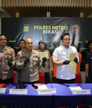 Kota Bekasi - Kapolres Metro Bekasi, Kombes Pol Mustofa saat memberikan keterangan pers pengungkapan perkara di wilayah hukumnya, Kamis (30/10/2025). Foto: Ist/Gobekasi.id.