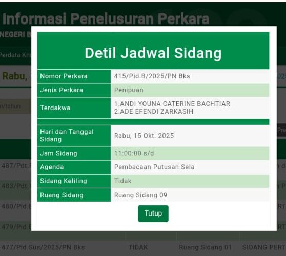 Kota Bekasi - Foto jadwal persidangan di Pengadilan Negeri Bekasi yang menyeret Dirus Perumda Tirta Bahgasasi, Ade Effendi Zarkasih.