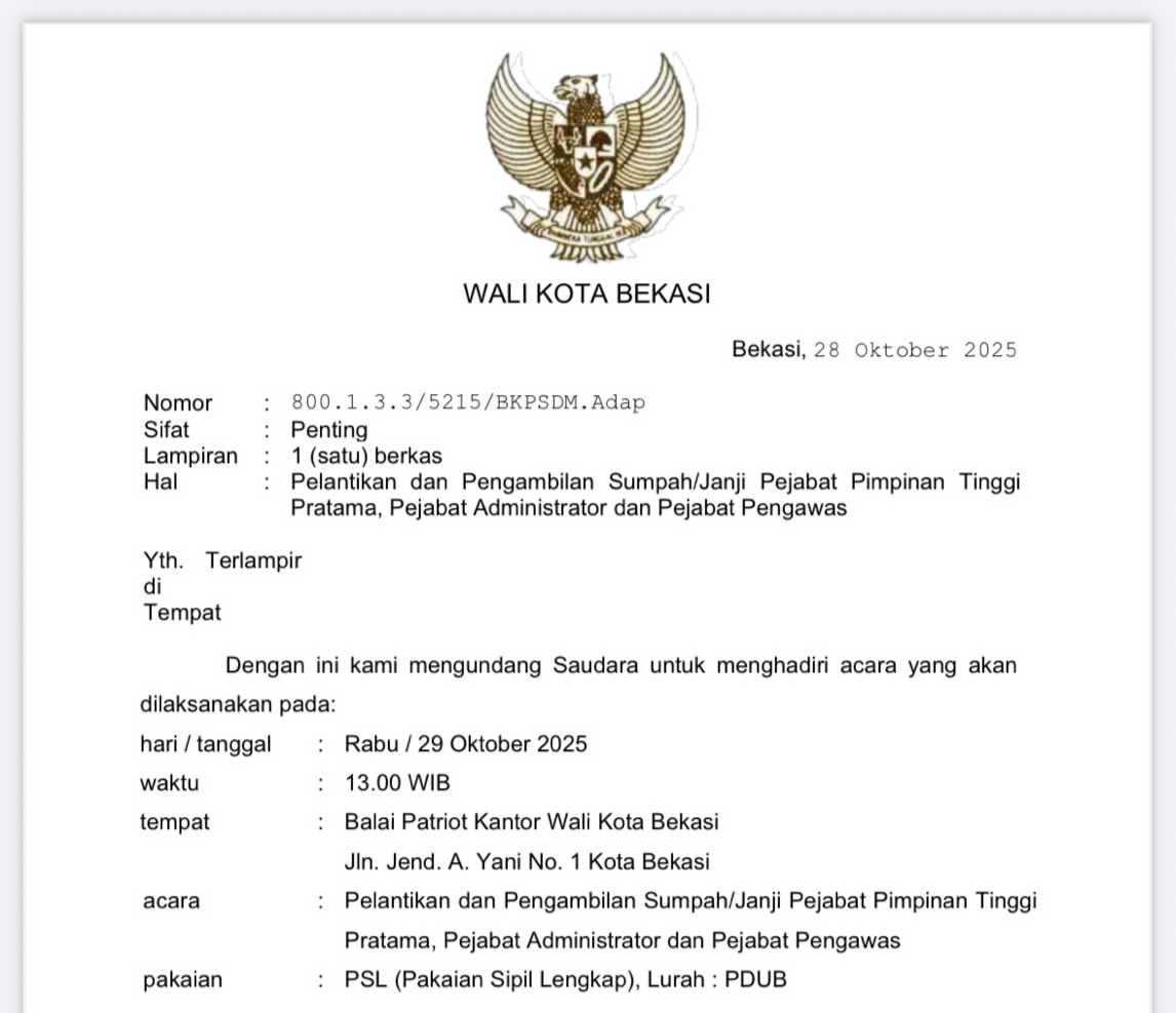 Kota Bekasi - Surat pengambilan sumpah jabatan di lingkungan Pemerintah Kota Bekasi.