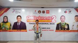 Kabupaten Bekasi - Abigail berhasil meraih medali emas pada ajang CNN Indonesia Taekwondo Championship 2 tingkat nasional 2025 yang digelar di GOR Ciracas, Jakarta Timur, pada 14–16 November 2025. Foto: Ist/Gobekasi.id.