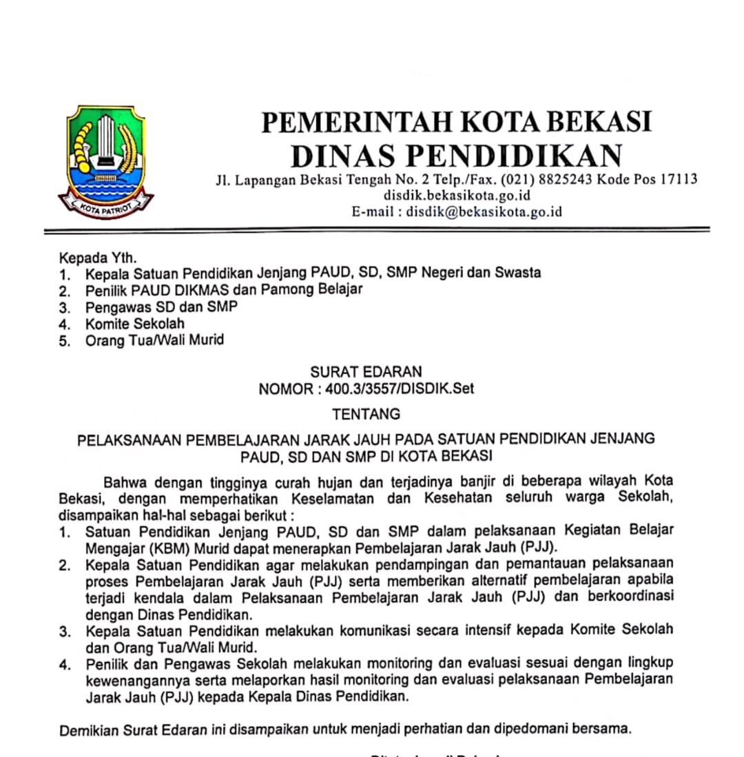Kota Bekasi - Surat Edaran Disdik Kota Bekasi menyikapi situasi terkini cuaca yang ditujukan kepada satuan pendidikan jenjang PAUD, SD dan SMP. Foto: Ist/Gobekasi.id.