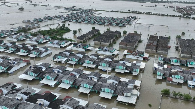 Kabupaten Bekasi - Persawahan berikut permukiman penduduk di wilayah Kecamatan Tambun Utara, Kabupaten Bekasi, terendam banjir. Foto: Ist