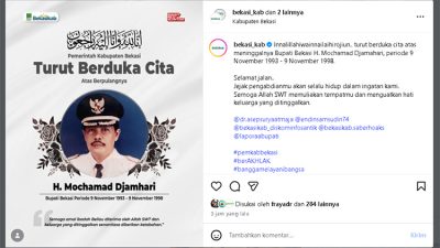 Kabuaten Bekasi - Kabar duka datang dari mantan Bupati Bekasi, Mochammad Djamhari, yang meninggal dunia pada Senin (12/1/2026) malam sekitar pukul 21.00 WIB di Bandung. Foto: Tangkapan layar Instagram Pemkab Bekasi