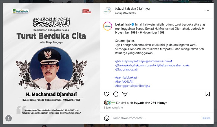 Kabuaten Bekasi - Kabar duka datang dari mantan Bupati Bekasi, Mochammad Djamhari, yang meninggal dunia pada Senin (12/1/2026) malam sekitar pukul 21.00 WIB di Bandung. Foto: Tangkapan layar Instagram Pemkab Bekasi