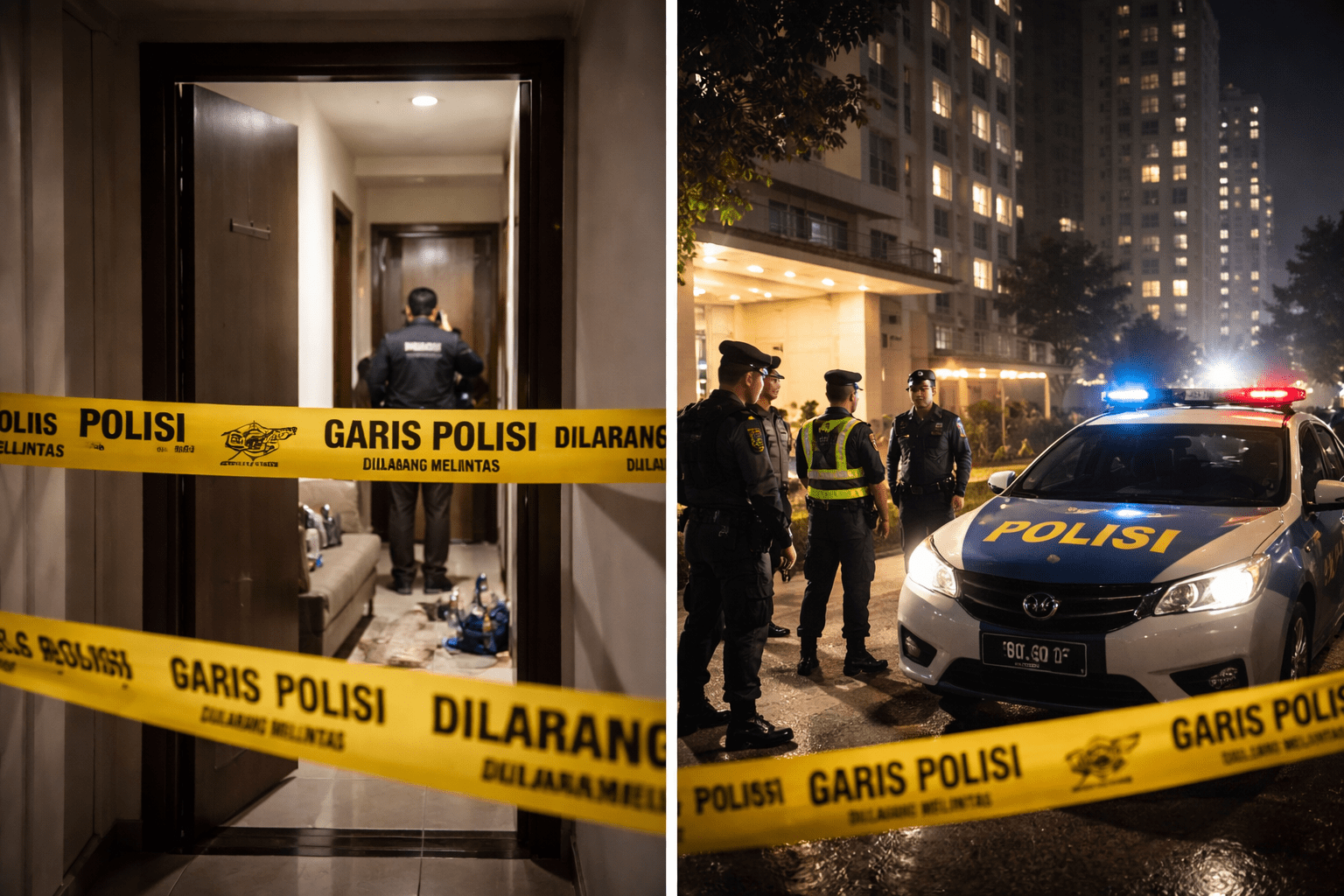 Kabupaten Bekasi - Ilustrasi garis polisi dalam olah TKP kematian mahasiswi di Apartemen Riverview Cikarang Utara . Foto: Gobekasi.id.