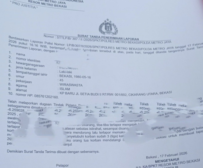 Kabupaten Bekasi - Laporan polisi orang tua korban terhadap pembina pramuka di Kabupaten Bekasi. Foto: Ist