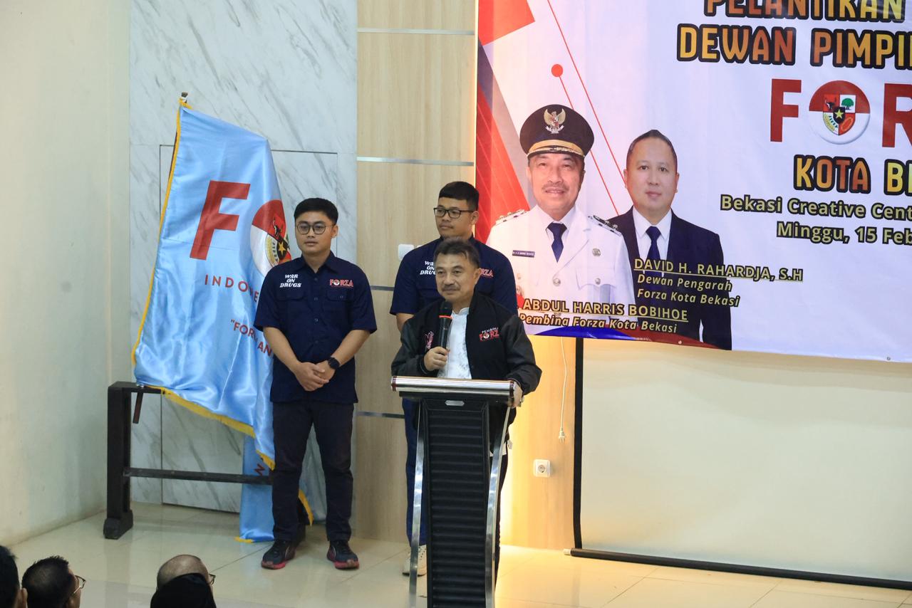 Kota Bekasi - Wakil Wali Kota Bekasi Abdul Harris Bobihoe menghadiri pelantikan formatur Dewan Pimpinan Daerah (DPD) Forum Anti Penyalahgunaan Napza (Forza) Indonesia Kota Bekasi di Bekasi Creative Center Multiguna, Minggu (15/2/2026). Foto: Ist/Gobekasi.id.