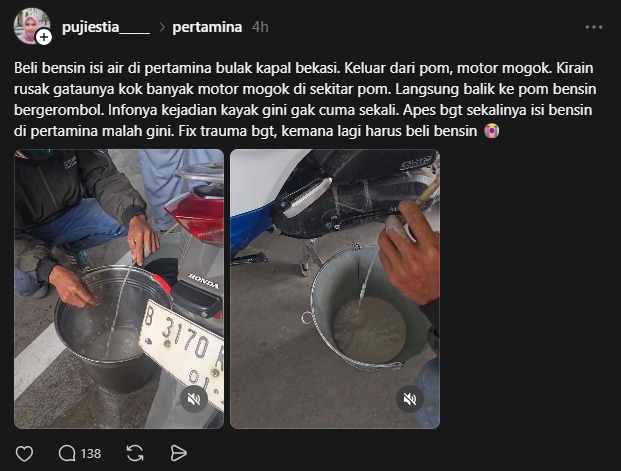 Kota Bekasi - Unggahan warganet di akun Threads soal BBM bercampur air di SPBU Bulak Kapal, Bekasi Timur, Kota Bekasi.