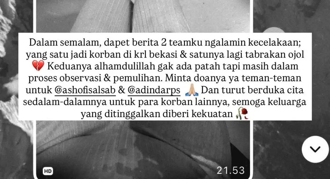 Bekasi - cerita Alice Norin timnya jadi korban KRL Bekasi (instagram.com/alicenorin)