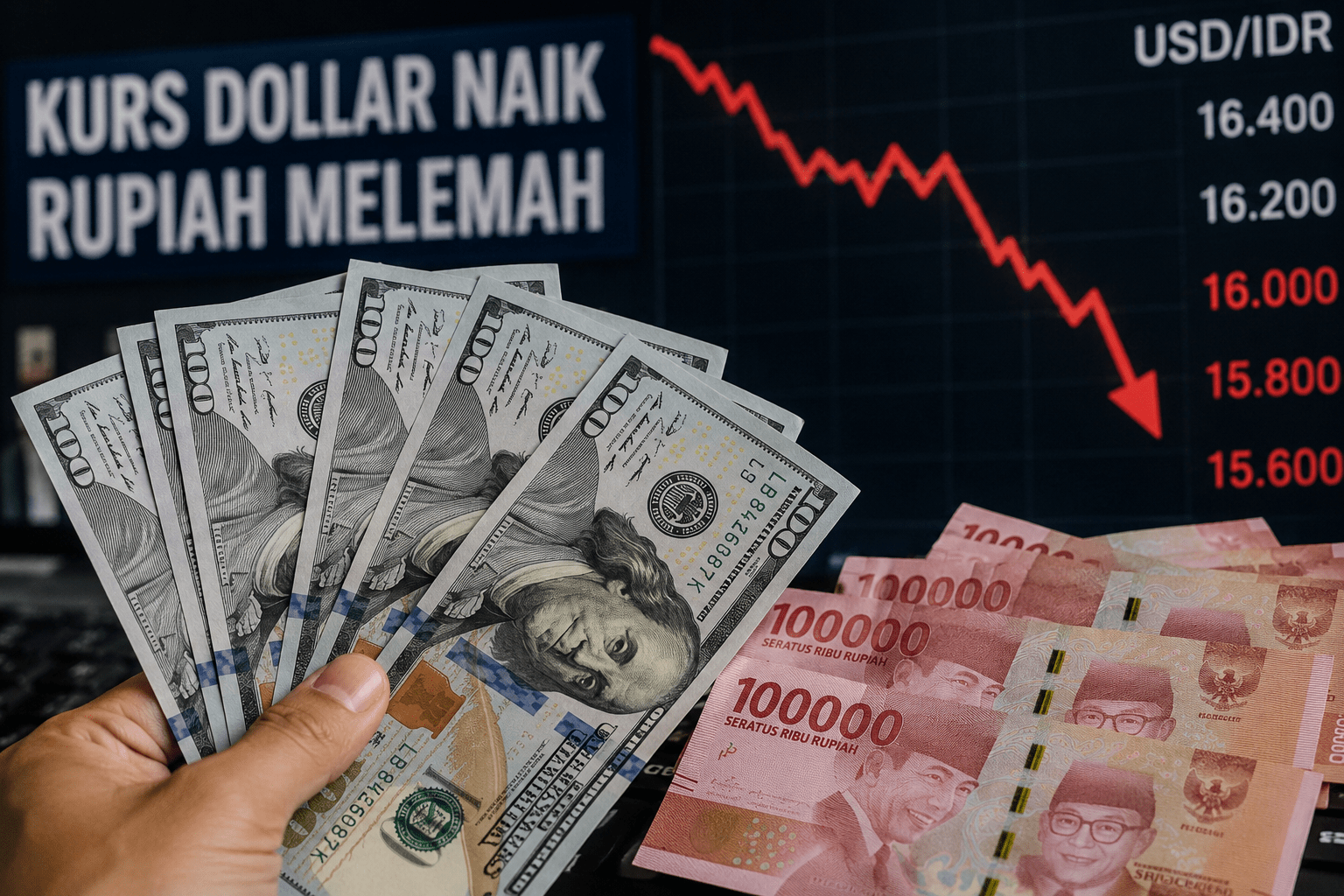 Bekasi - Ilustrasi pelemahan nilai tukar rupiah terhadap dolar Amerika Serikat (AS). Foto Chatgpt for Gobekasi.id.