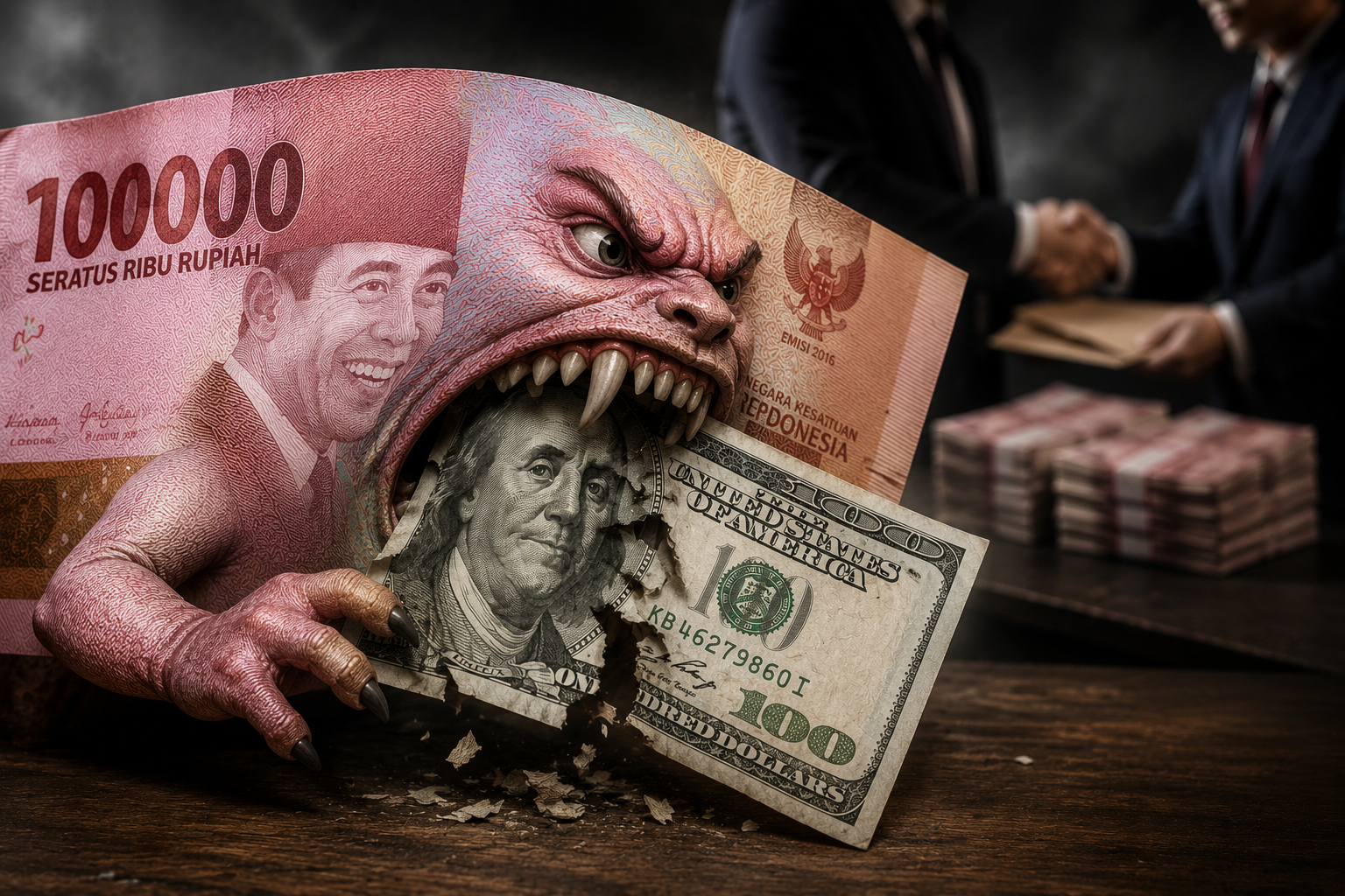 Bekasi - Ilustrasi melamahnya nilai tukar rupiah atas dollar AS dan meriahnya praktik koruptif. Foto: Gobekasi.id.