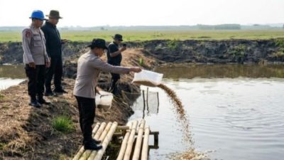 Bekasi - Ditpolairud Polda Metro Jaya saat menebar 15.000 ekor benih ikan bandeng dan 150.000 ekor benih udang vaname di kawasan tambak Muaragembong, Kabupaten Bekasi, Selasa (2/6/2026). Foto: Ist/Gobekasi.id.