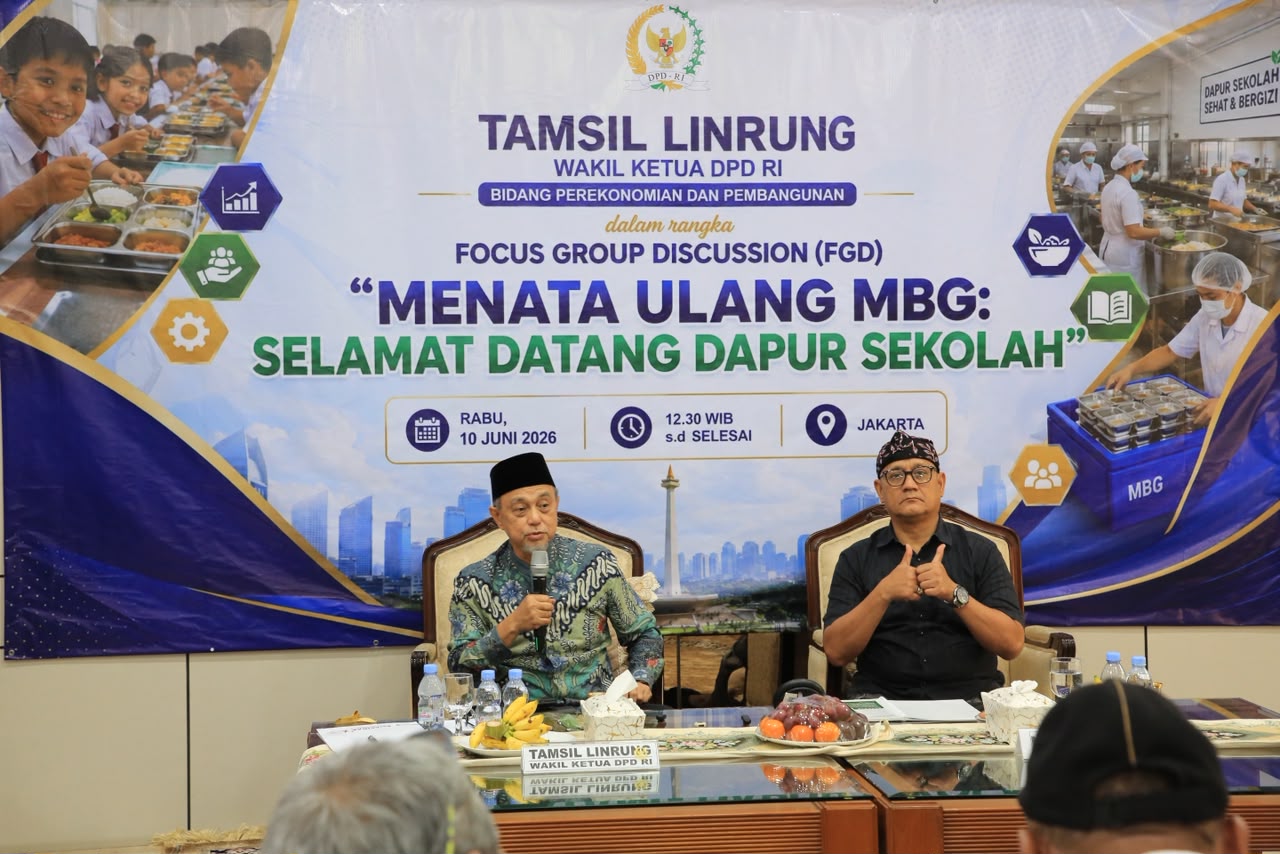 Bekasi - Wakil Ketua DPD RI Tamsil Linrung dalam Diskusi Media Forum Jurnalis Merdeka bertajuk “Menata Ulang MBG: Selamat Datang Dapur Sekolah” di Jakarta, Rabu, (10/6/2026). Foto: Ist/Gobekasi.id.