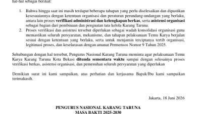 Bekasi - Pengurus Nasional Karang Taruna meminta agenda temu karya Karang Taruna Kota Bekasi ditunda. Foto: Ist/Gobekasi.id.