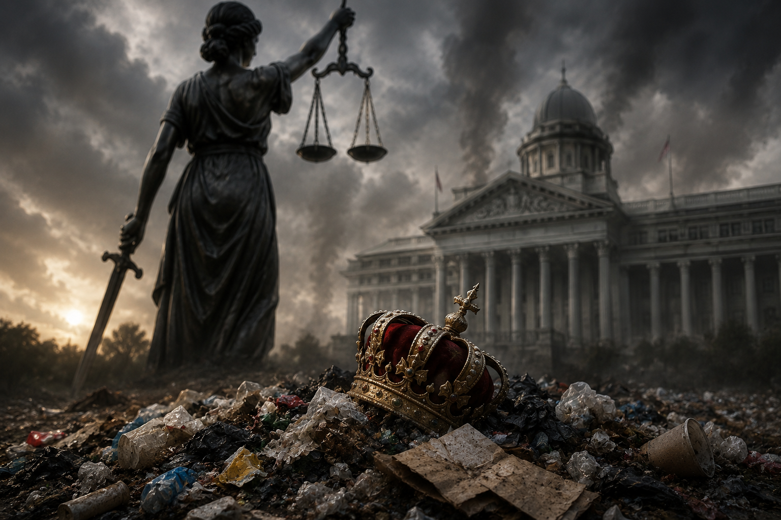 Bekasi - Foto Ilustrasi: Mahkota yang tergeletak di atas tumpukan sampah dengan latar Patung Keadilan dan gedung institusi negara menjadi metafora visual mengenai relasi antara kekuasaan, integritas negara, dan penegakan hukum. Ilustrasi ini menggambarkan kegelisahan atas persepsi publik ketika supremasi hukum dipandang menghadapi tekanan kepentingan politik, sehingga memunculkan pertanyaan mengenai independensi lembaga penegak hukum, akuntabilitas kekuasaan, dan pentingnya menjaga kepercayaan masyarakat terhadap sistem peradilan. Sebagai karya ilustratif, gambar ini bersifat simbolis dan dimaksudkan untuk memperkaya pembahasan dalam artikel opini, bukan sebagai representasi peristiwa atau tuduhan terhadap individu maupun lembaga tertentu.