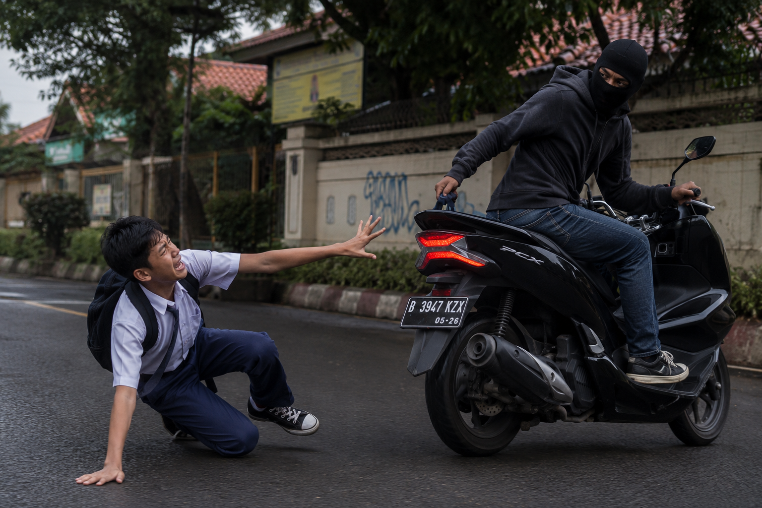 Bekasi - Ilustrasi pelajar SMP dibegal selepas pulang berlatih Muay Thai di Bekasi Selatan. Foto: AI for Gobekasi.id.