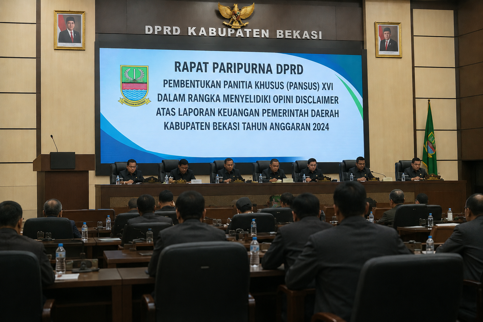 Bekasi - Ilustrasi rapat DPRD Kabupaten Bekasi dalam menyelediki Opini Disclaimer dari BPK yang didapat Pemkab Bekasi. Foto: AI For Gobekasi.id.