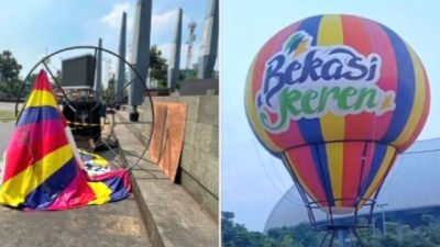 Bekasi - Before/After Balon Udara "Bekasi Keren" di Taman Plaza Patriot Candrabhaga, Selasa (28/7/2026). Foto: Ist