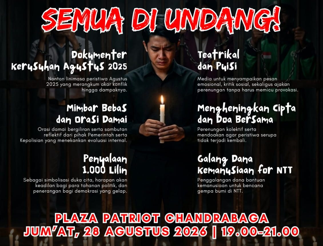 Bekasi - Memperingati satu tahun kerusuhan Agustus 2025, warga Bekasi menggelar forum refleksi, pemutaran film, doa bersama, dan aksi 1.000 lilin di Plaza Patriot. Foto: Ist/Gobekasi.id.
