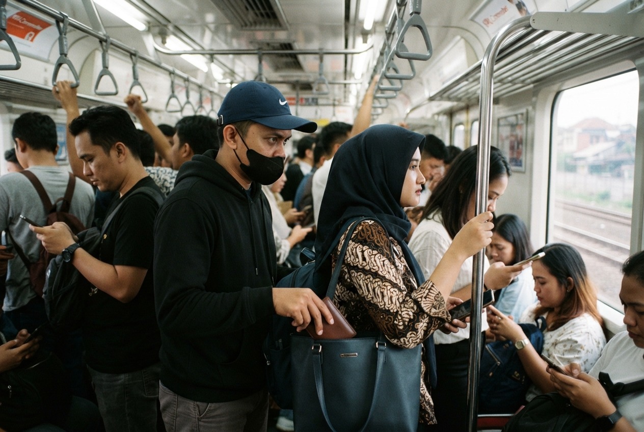 Bekasi - Ilustrasi pencopetan di KRL. Foto: AI
