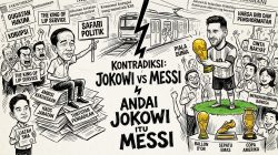 Bekasi - Ilustrasi sketasa Presiden ke-7 Republik Indonesia dan Messi, sang Legenda Sepak Bola dalam bingkai kecil yang menyita perhatian rakyatnya. Foto: AI